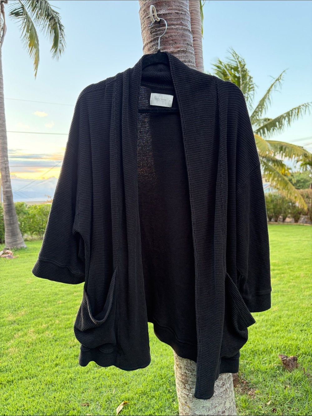 Lucky Brand Black Waffle Knit Wide SleeveDraped Open-Front Cardigan with Pockets